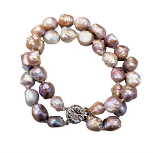 Handmade Double Strand Natural Iridescent Pink Freshwater Pearl Tennis Bracelet